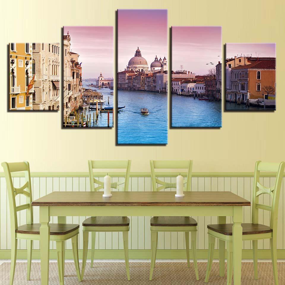 Ships And Buildings 5 Piece HD Multi Panel Canvas Wall Art Frame-Original Frame