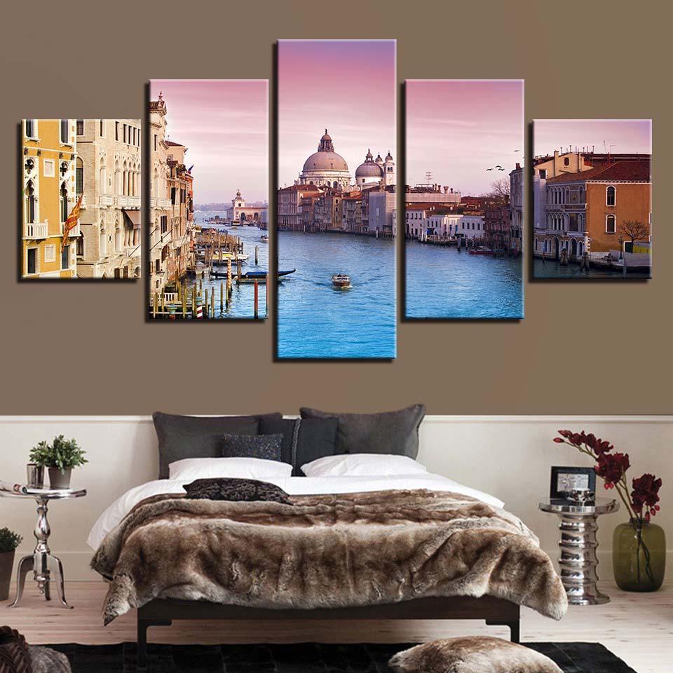 Ships And Buildings 5 Piece HD Multi Panel Canvas Wall Art Frame-Original Frame