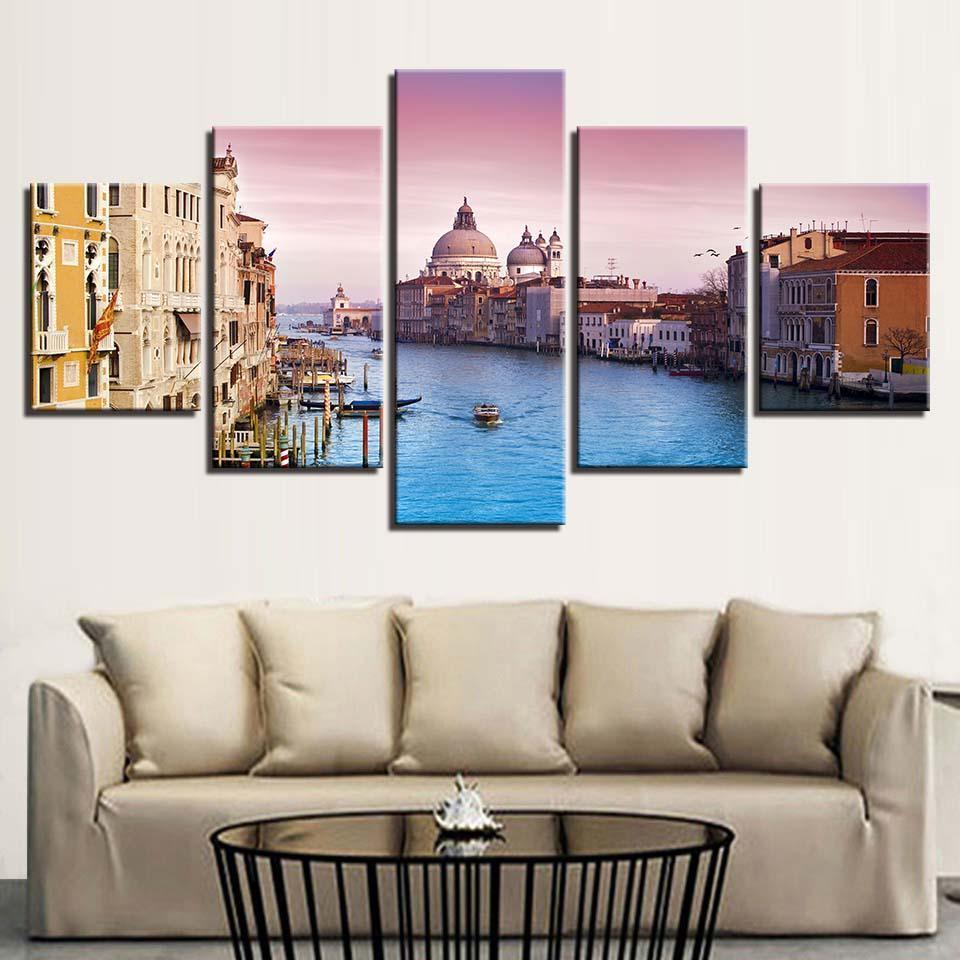 Ships And Buildings 5 Piece HD Multi Panel Canvas Wall Art Frame-Original Frame