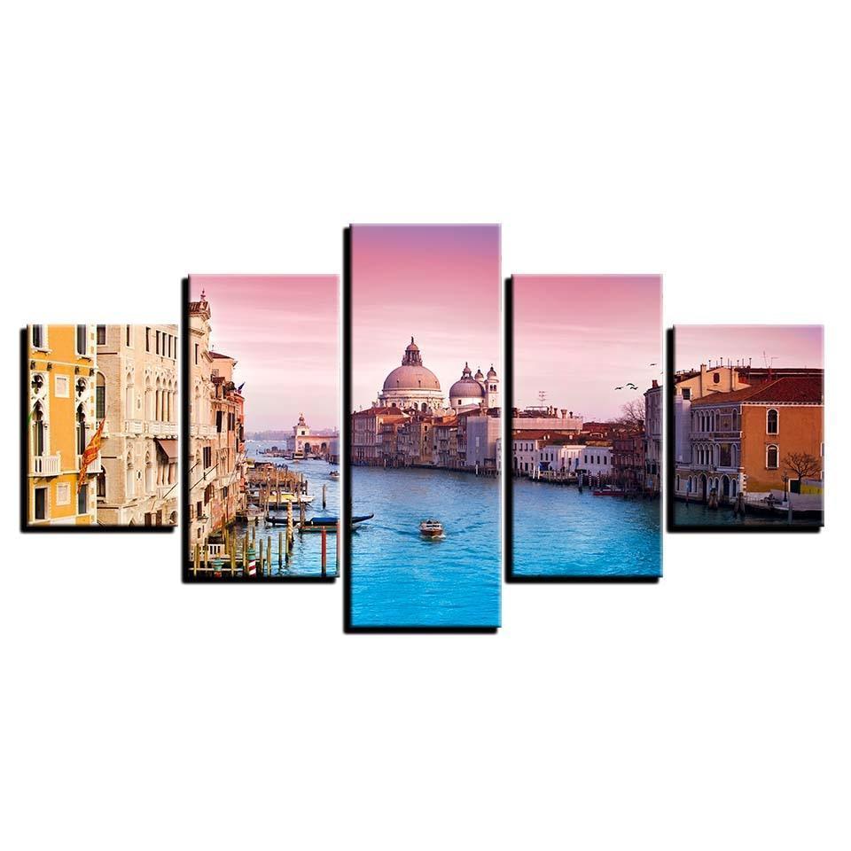 Ships And Buildings 5 Piece HD Multi Panel Canvas Wall Art Frame-Original Frame