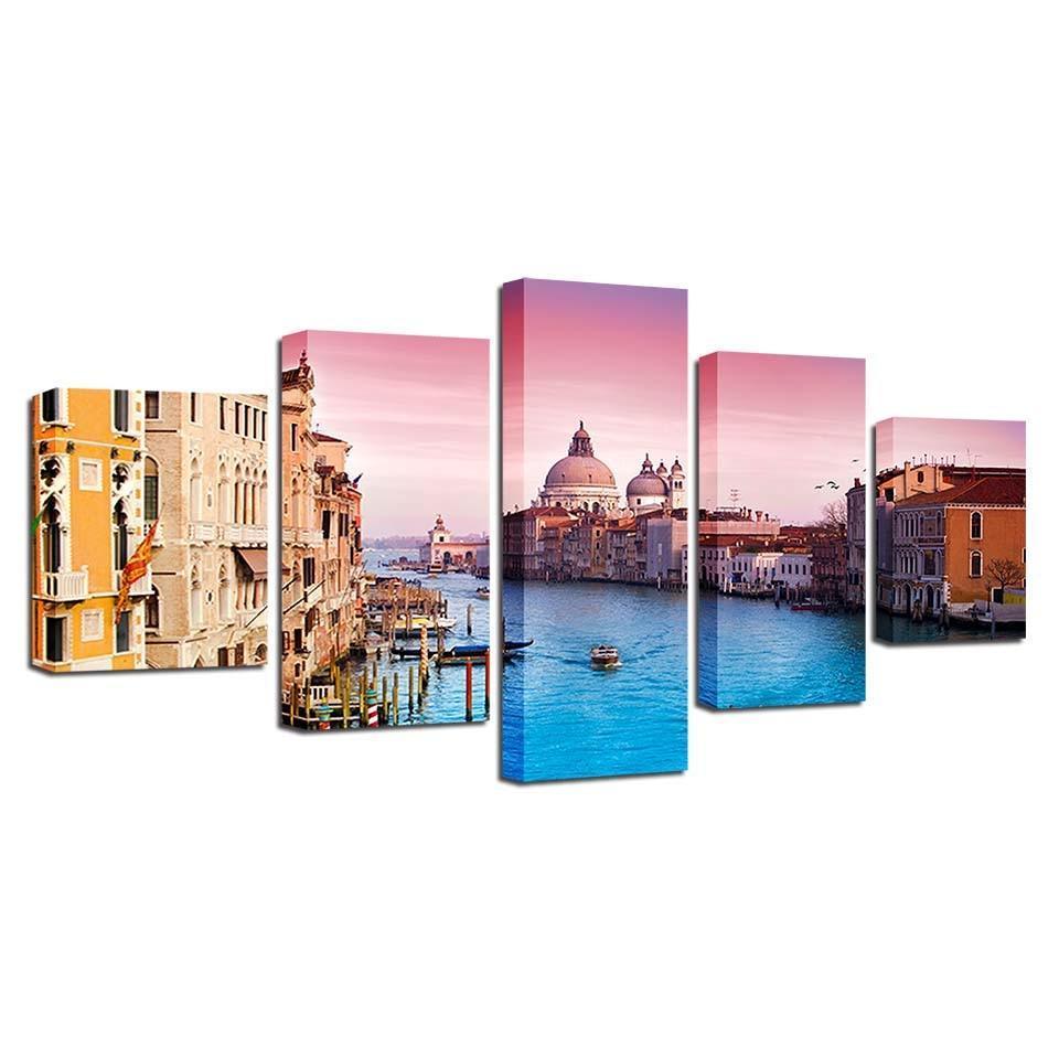 Ships And Buildings 5 Piece HD Multi Panel Canvas Wall Art Frame-Original Frame