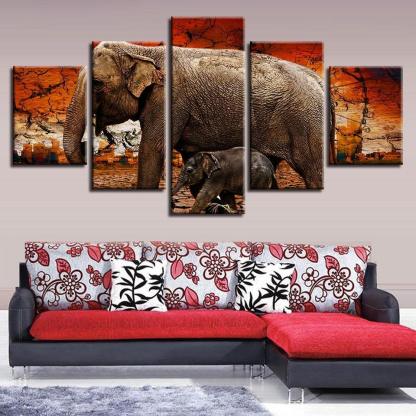 Elephant And Baby 5 Piece HD Multi Panel Canvas Wall Art Frame-Original Frame