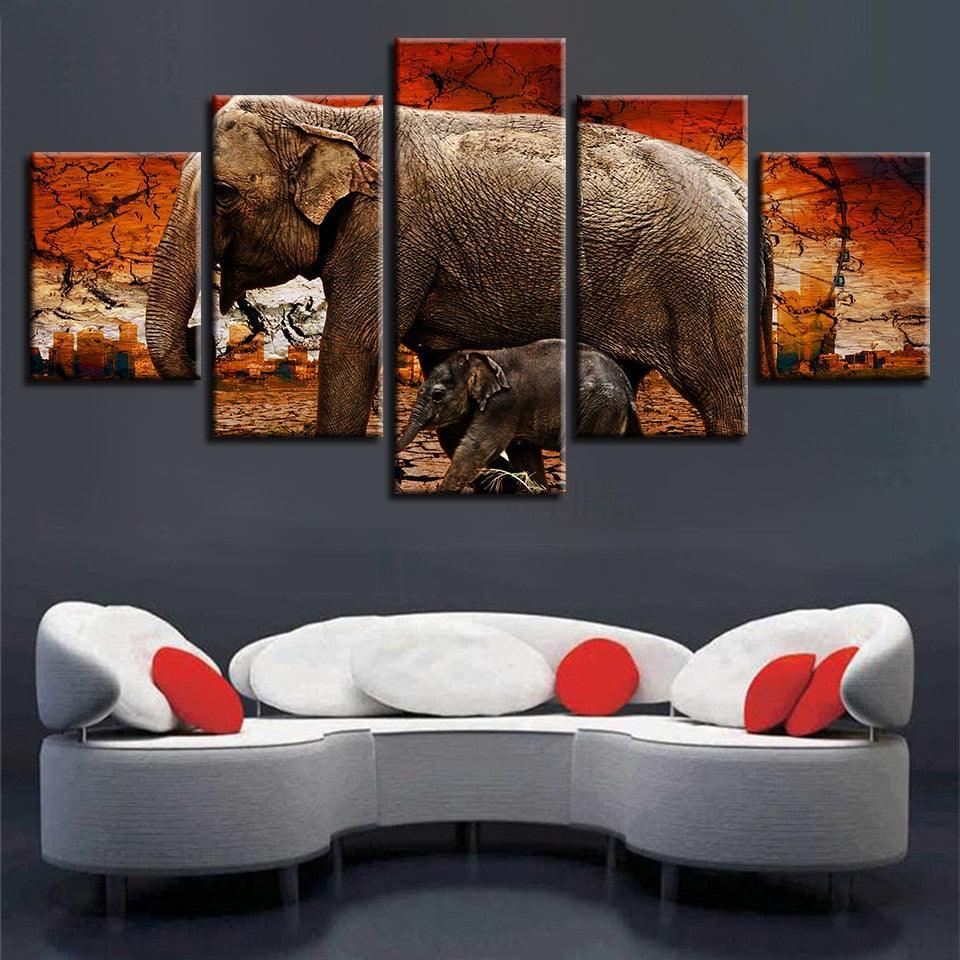 Elephant And Baby 5 Piece HD Multi Panel Canvas Wall Art Frame-Original Frame