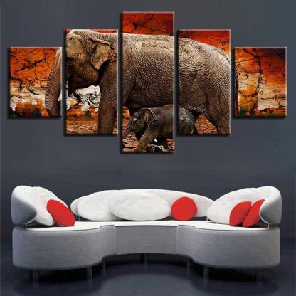 Elephant And Baby 5 Piece HD Multi Panel Canvas Wall Art Frame-Original Frame