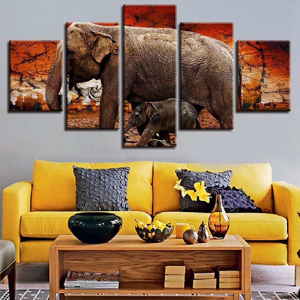 Elephant And Baby 5 Piece HD Multi Panel Canvas Wall Art Frame-Original Frame
