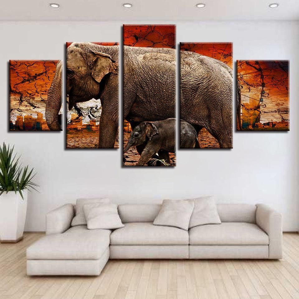 Elephant And Baby 5 Piece HD Multi Panel Canvas Wall Art Frame-Original Frame