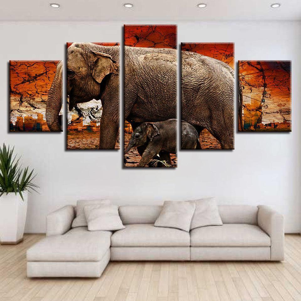 Elephant And Baby 5 Piece HD Multi Panel Canvas Wall Art Frame-Original Frame