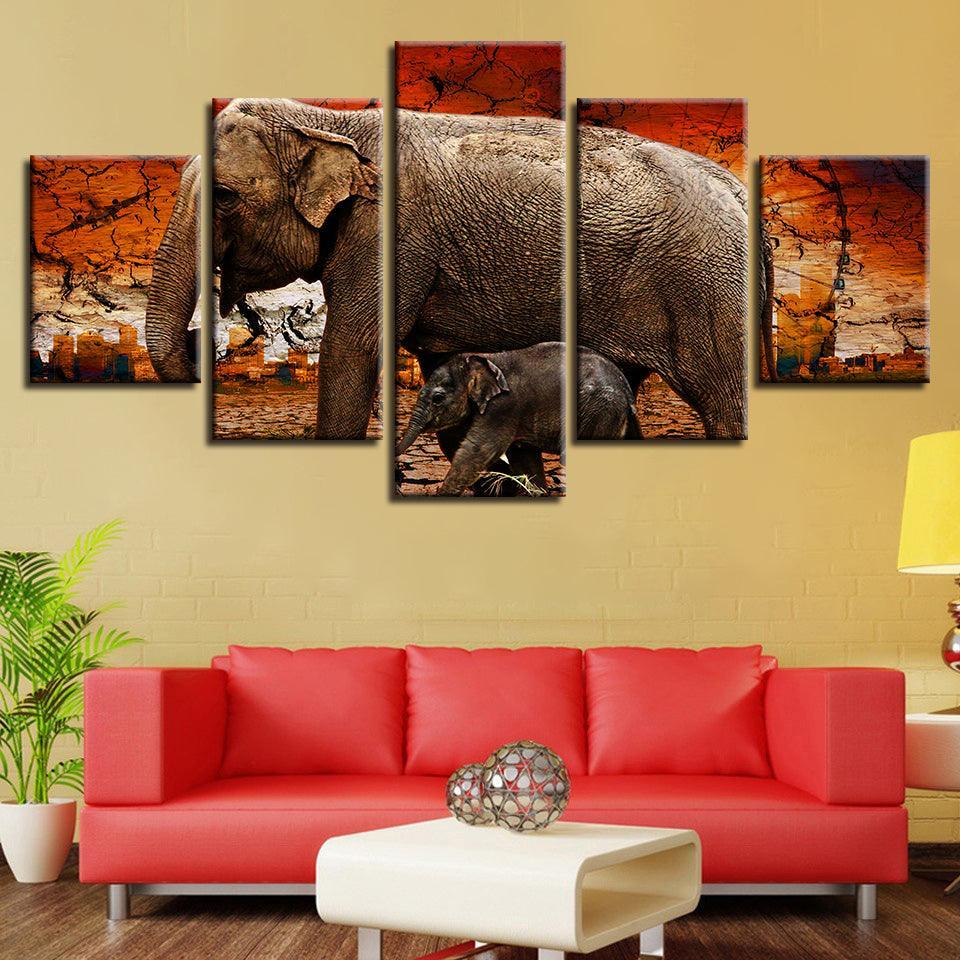 Elephant And Baby 5 Piece HD Multi Panel Canvas Wall Art Frame-Original Frame