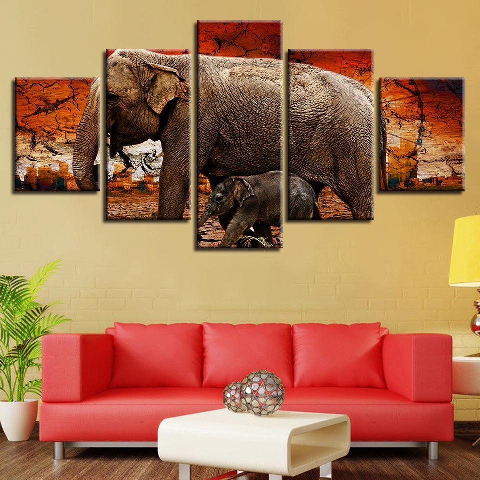 Elephant And Baby 5 Piece HD Multi Panel Canvas Wall Art Frame-Original Frame