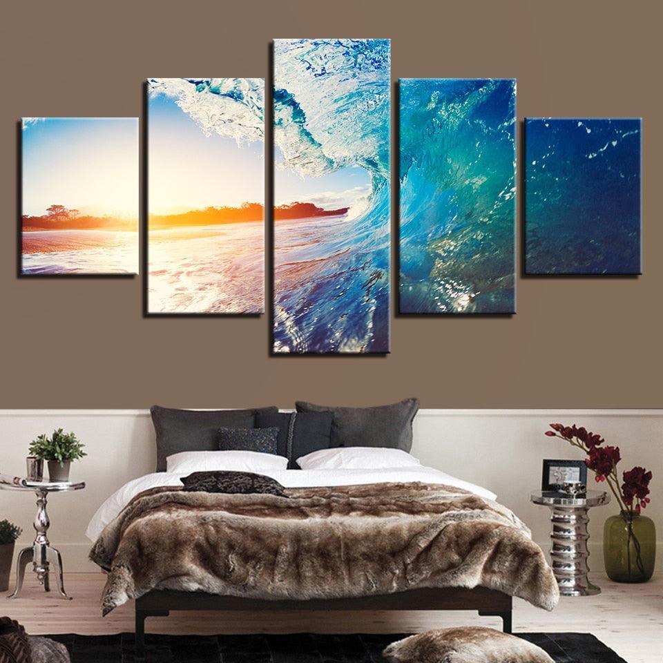 Sunny Seawave 5 Piece HD Multi Panel Canvas Wall Art Frame-Original Frame
