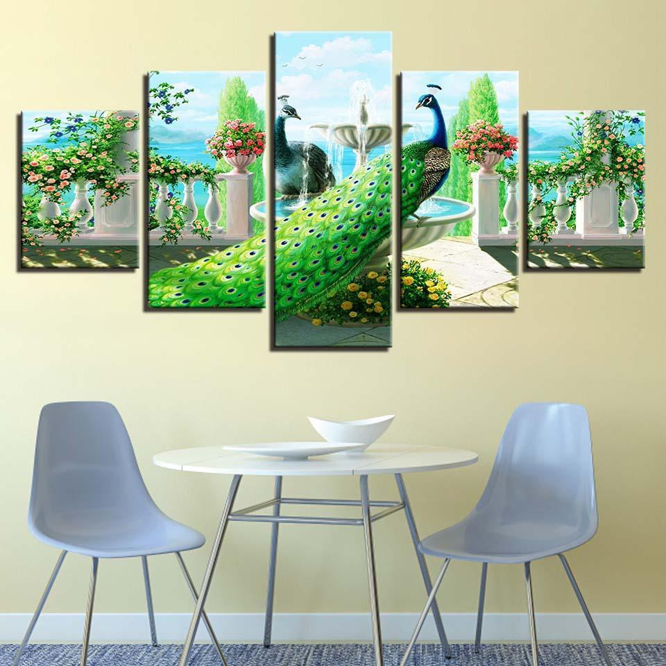 Peacock In Garden 5 Piece HD Multi Panel Canvas Wall Art Frame-Original Frame