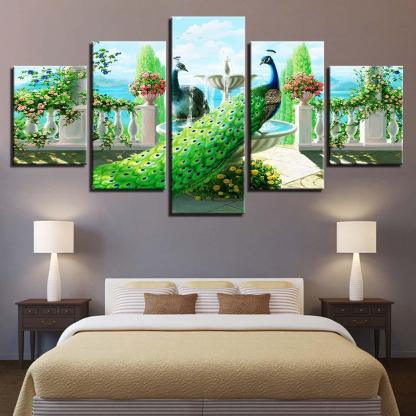 Peacock In Garden 5 Piece HD Multi Panel Canvas Wall Art Frame-Original Frame