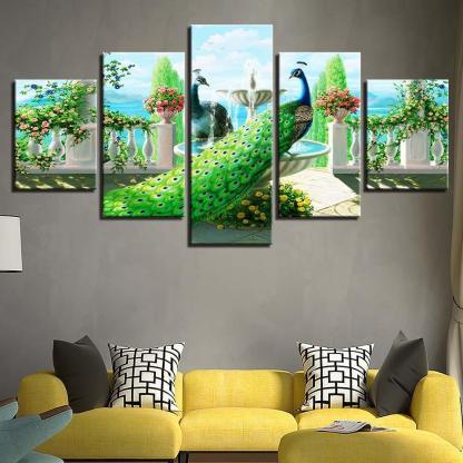 Peacock In Garden 5 Piece HD Multi Panel Canvas Wall Art Frame-Original Frame