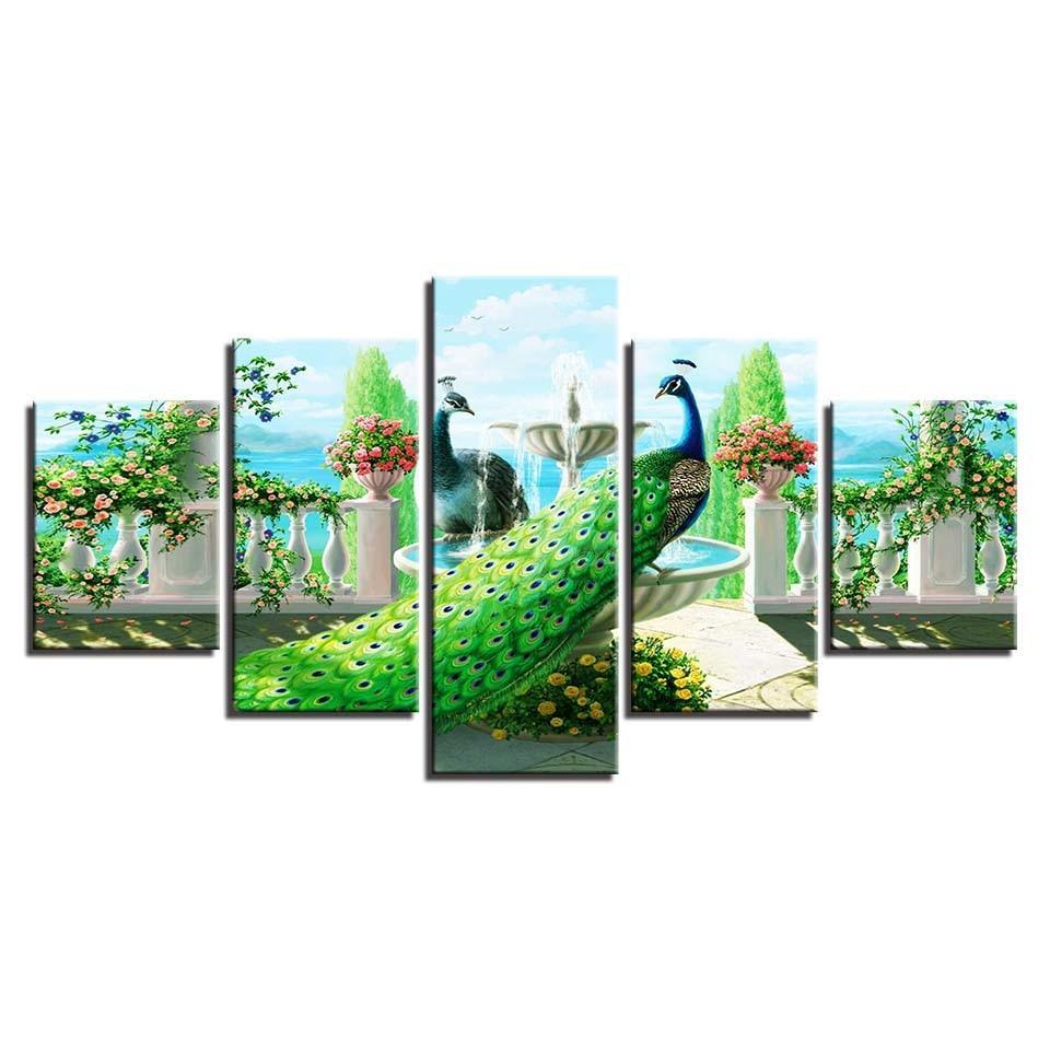 Peacock In Garden 5 Piece HD Multi Panel Canvas Wall Art Frame-Original Frame