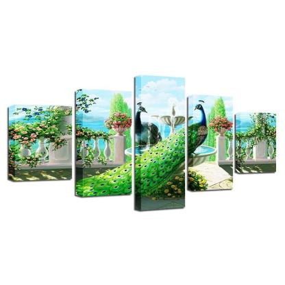 Peacock In Garden 5 Piece HD Multi Panel Canvas Wall Art Frame-Original Frame