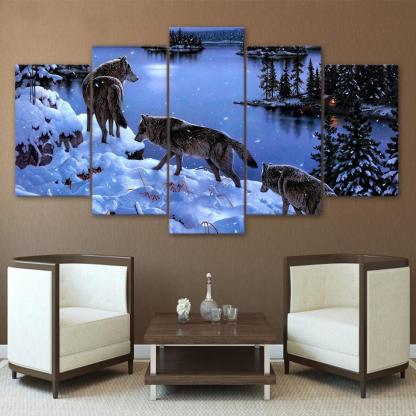 Wolves In The Snow 5 Piece HD Multi Panel Canvas Wall Art Frame-Original Frame