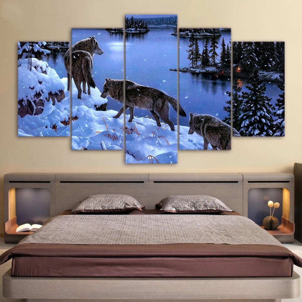 Wolves In The Snow 5 Piece HD Multi Panel Canvas Wall Art Frame-Original Frame