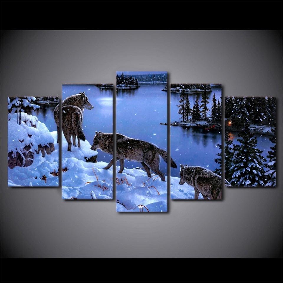 Wolves In The Snow 5 Piece HD Multi Panel Canvas Wall Art Frame-Original Frame