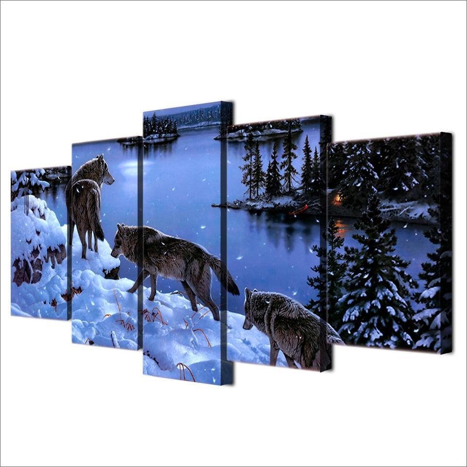 Wolves In The Snow 5 Piece HD Multi Panel Canvas Wall Art Frame-Original Frame