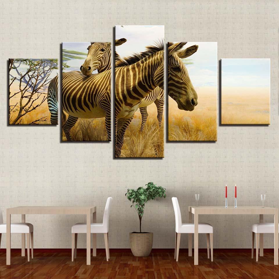Two Zebras 5 Piece HD Multi Panel Canvas Wall Art Frame-Original Frame
