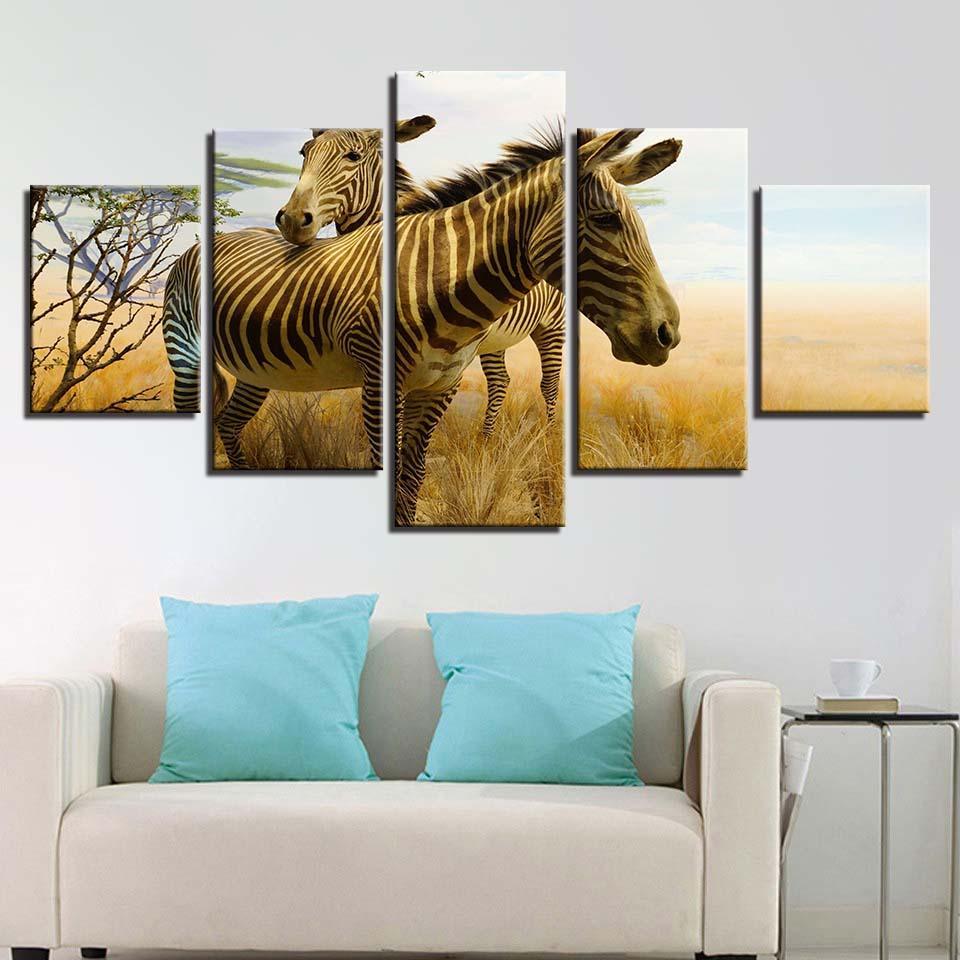 Two Zebras 5 Piece HD Multi Panel Canvas Wall Art Frame-Original Frame