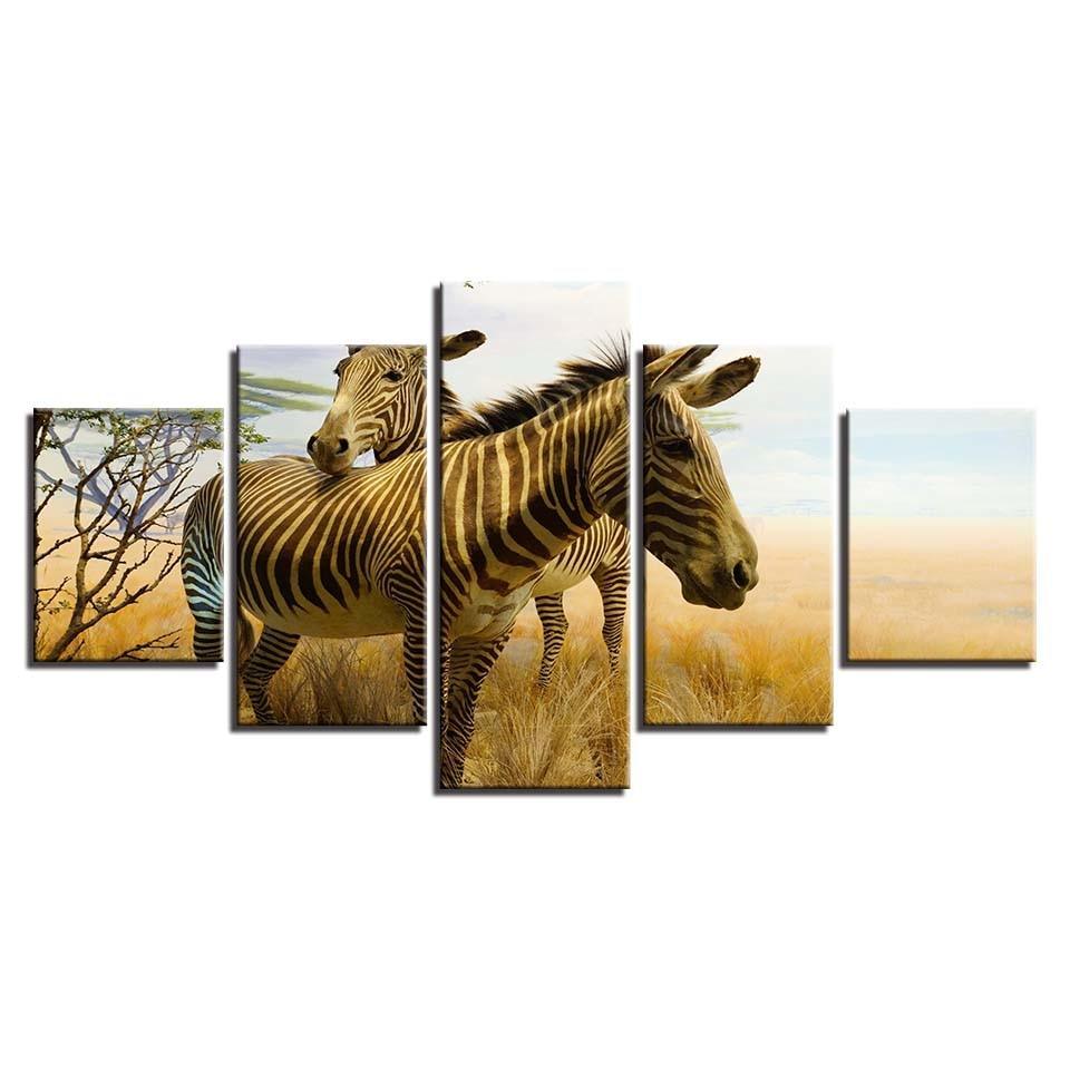 Two Zebras 5 Piece HD Multi Panel Canvas Wall Art Frame-Original Frame