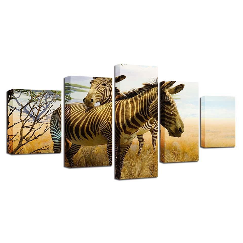Two Zebras 5 Piece HD Multi Panel Canvas Wall Art Frame-Original Frame