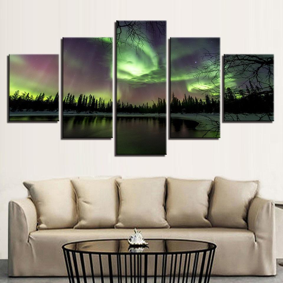 Green Forest Aurora Lake 5 Piece HD Multi Panel Canvas Wall Art Frame-Original Frame