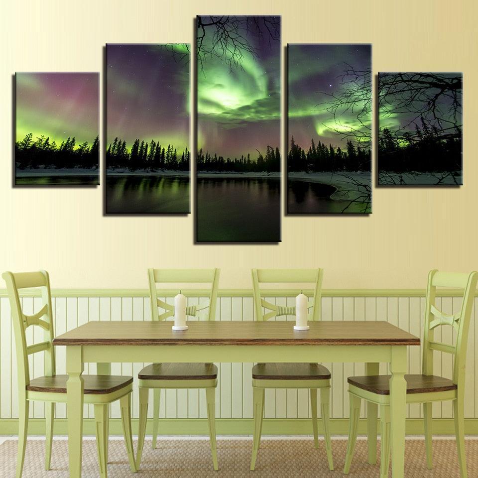 Green Forest Aurora Lake 5 Piece HD Multi Panel Canvas Wall Art Frame-Original Frame