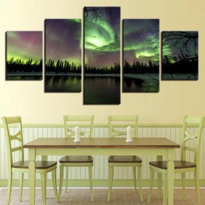 Green Forest Aurora Lake 5 Piece HD Multi Panel Canvas Wall Art Frame-Original Frame