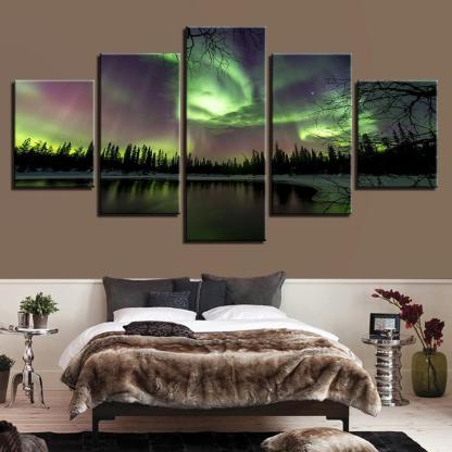 Green Forest Aurora Lake 5 Piece HD Multi Panel Canvas Wall Art Frame-Original Frame