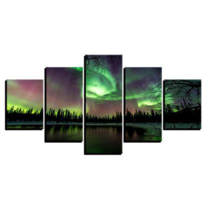 Green Forest Aurora Lake 5 Piece HD Multi Panel Canvas Wall Art Frame-Original Frame