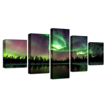 Green Forest Aurora Lake 5 Piece HD Multi Panel Canvas Wall Art Frame-Original Frame