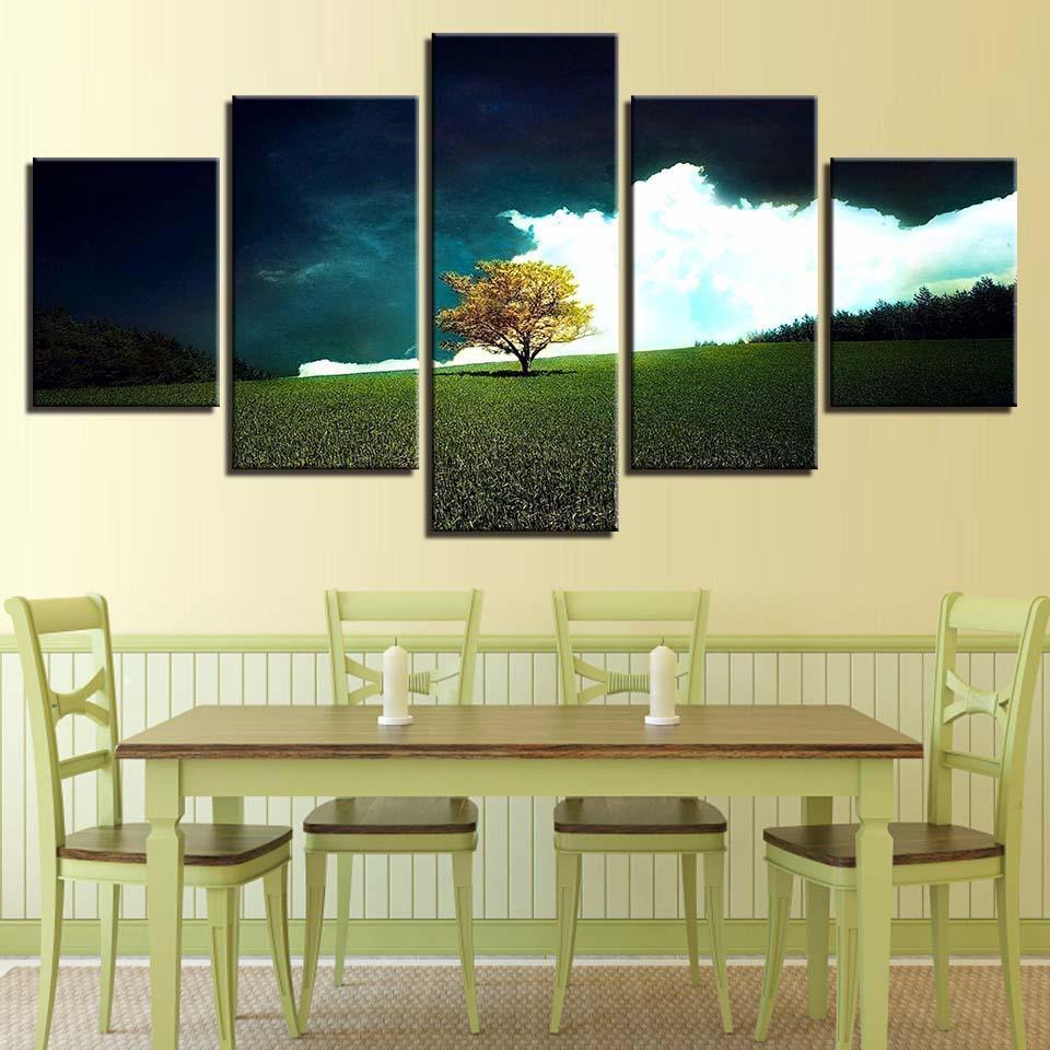 Grass Tree And White Cloud Scenery 5 Piece HD Multi Panel Canvas Wall Art Frame-Original Frame
