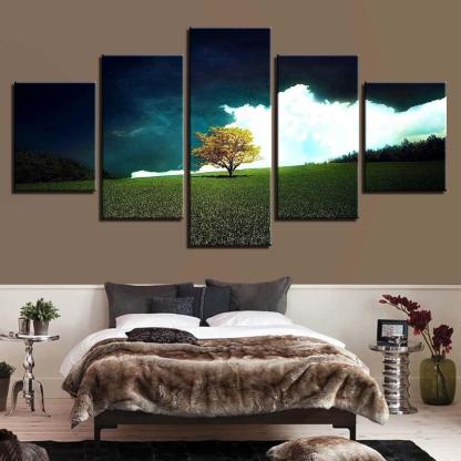 Grass Tree And White Cloud Scenery 5 Piece HD Multi Panel Canvas Wall Art Frame-Original Frame