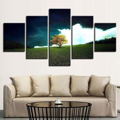 Grass Tree And White Cloud Scenery 5 Piece HD Multi Panel Canvas Wall Art Frame-Original Frame