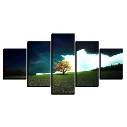 Grass Tree And White Cloud Scenery 5 Piece HD Multi Panel Canvas Wall Art Frame-Original Frame