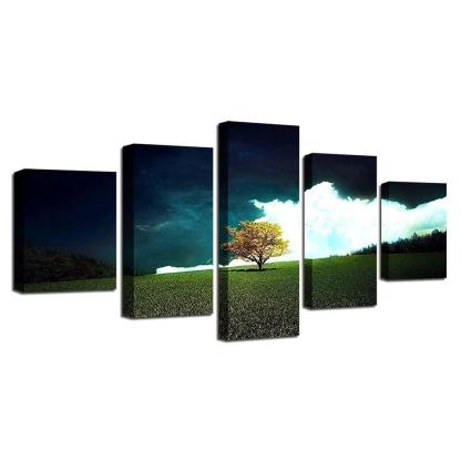 Grass Tree And White Cloud Scenery 5 Piece HD Multi Panel Canvas Wall Art Frame-Original Frame