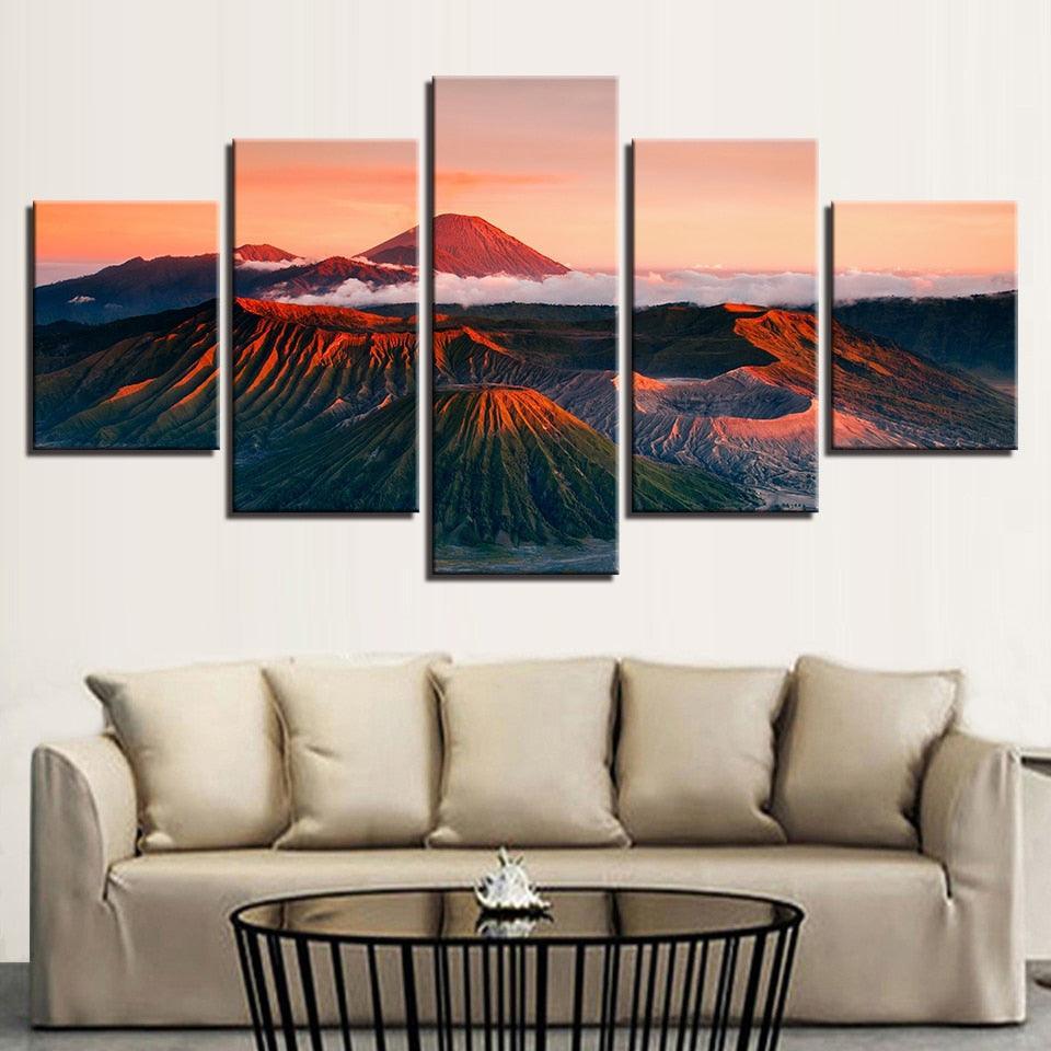 Sunset Volcano Mountains 5 Piece HD Multi Panel Canvas Wall Art Frame-Original Frame
