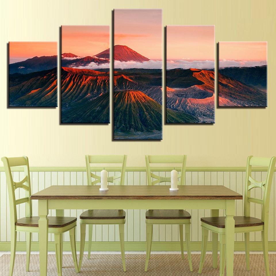 Sunset Volcano Mountains 5 Piece HD Multi Panel Canvas Wall Art Frame-Original Frame