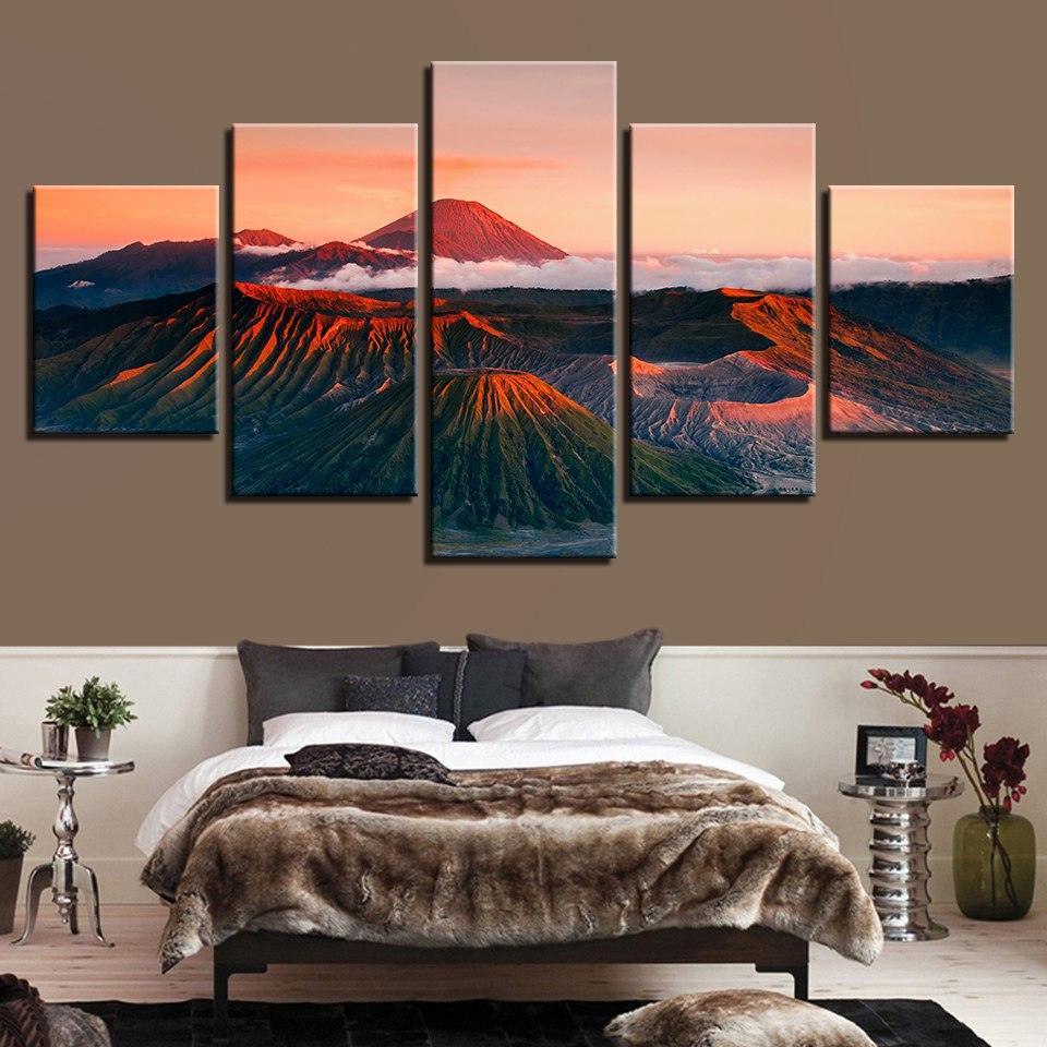Sunset Volcano Mountains 5 Piece HD Multi Panel Canvas Wall Art Frame-Original Frame