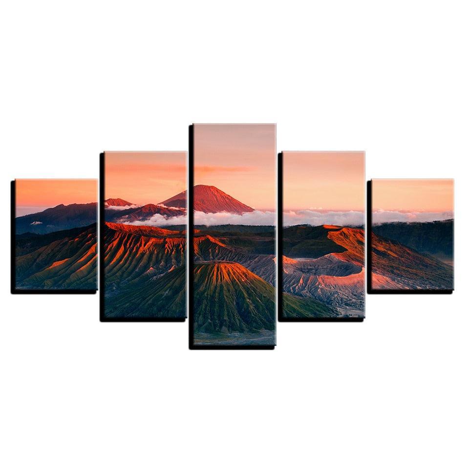 Sunset Volcano Mountains 5 Piece HD Multi Panel Canvas Wall Art Frame-Original Frame