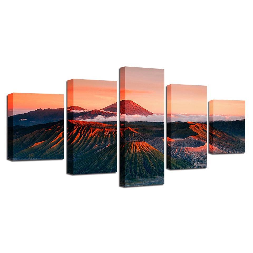 Sunset Volcano Mountains 5 Piece HD Multi Panel Canvas Wall Art Frame-Original Frame