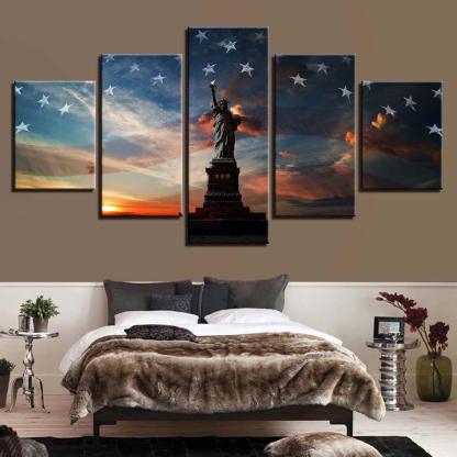 Statue of Liberty And The Flag 5 Piece HD Multi Panel Canvas Wall Art Frame-Original Frame