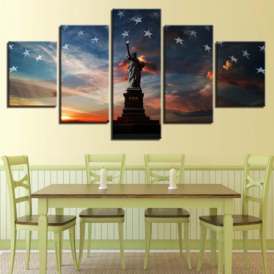Statue of Liberty And The Flag 5 Piece HD Multi Panel Canvas Wall Art Frame-Original Frame