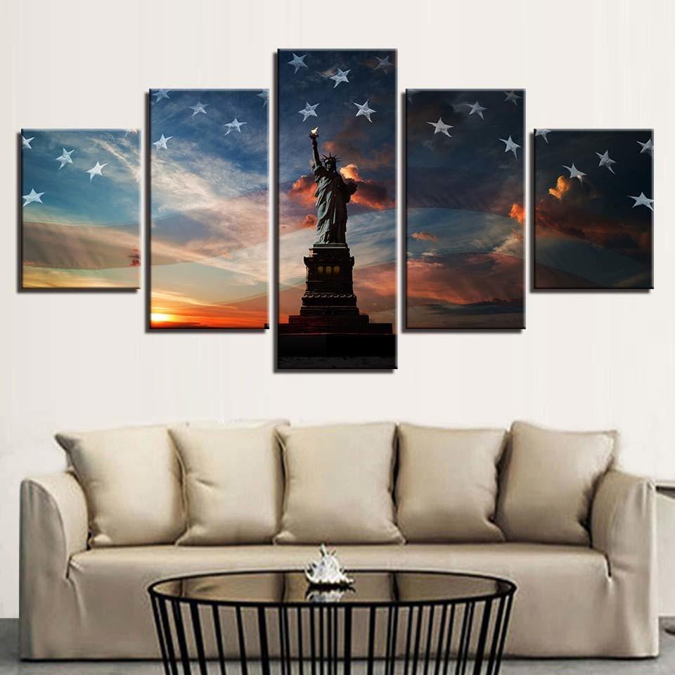 Statue of Liberty And The Flag 5 Piece HD Multi Panel Canvas Wall Art Frame-Original Frame