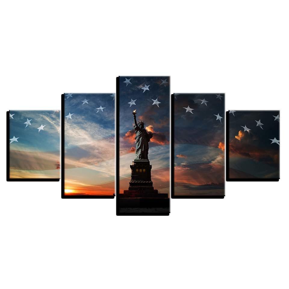 Statue of Liberty And The Flag 5 Piece HD Multi Panel Canvas Wall Art Frame-Original Frame