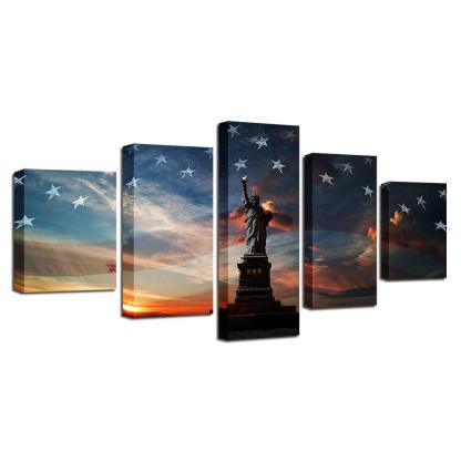 Statue of Liberty And The Flag 5 Piece HD Multi Panel Canvas Wall Art Frame-Original Frame