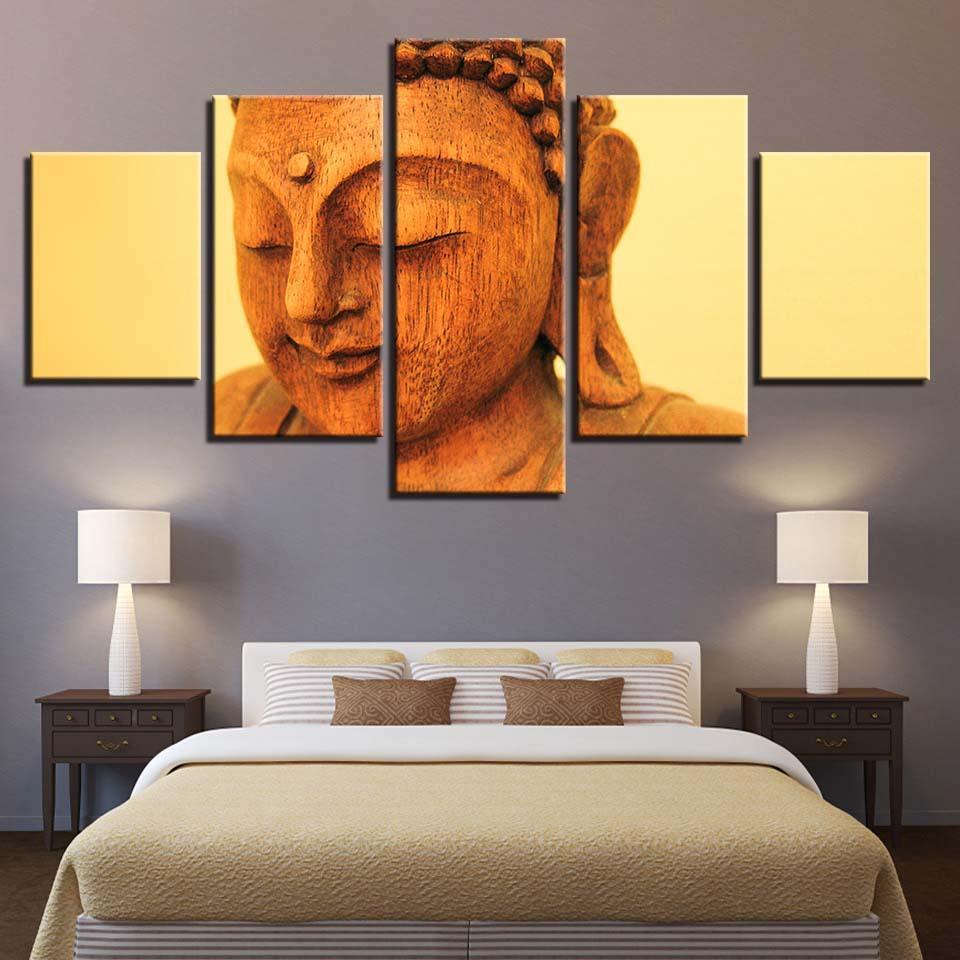 Wooden Buddha Statue 5 Piece HD Multi Panel Canvas Wall Art Frame-Original Frame