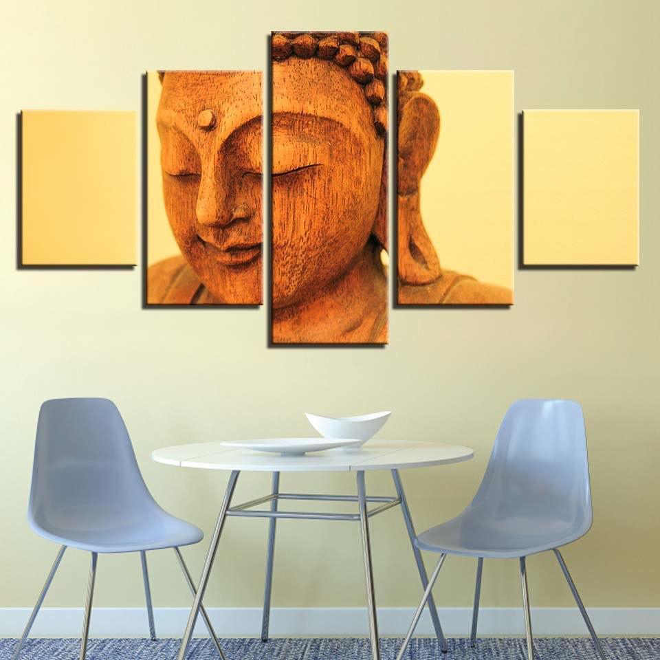 Wooden Buddha Statue 5 Piece HD Multi Panel Canvas Wall Art Frame-Original Frame